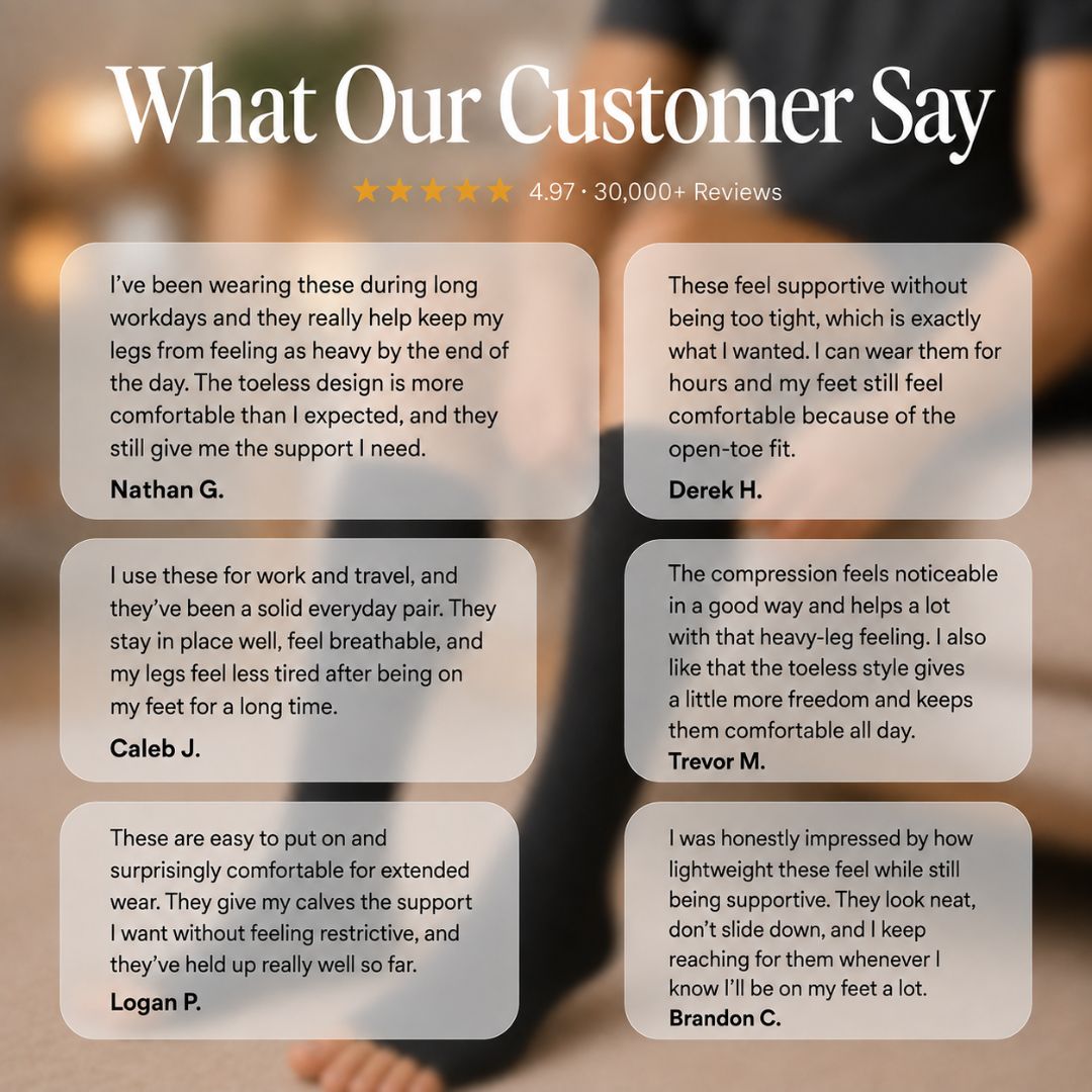 Black Toeless Compression Socks For Men A customer review graphic titled 'What Our Customer Say' with a blurred background and six rounded white text boxes displaying positive customer testimonials.
