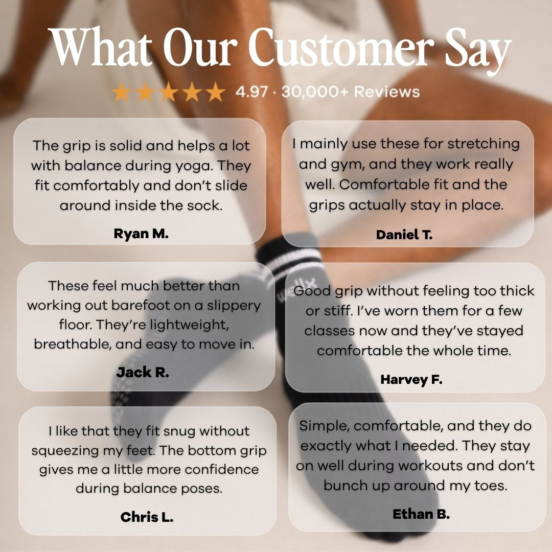 Black Balance Grip Socks For Men. A promotional graphic with the headline 'What Our Customer Say' over a blurred background photo of a person wearing a black wrist strap product. Six rounded white text boxes show customer reviews with names underneath, plus a rating line reading 4.