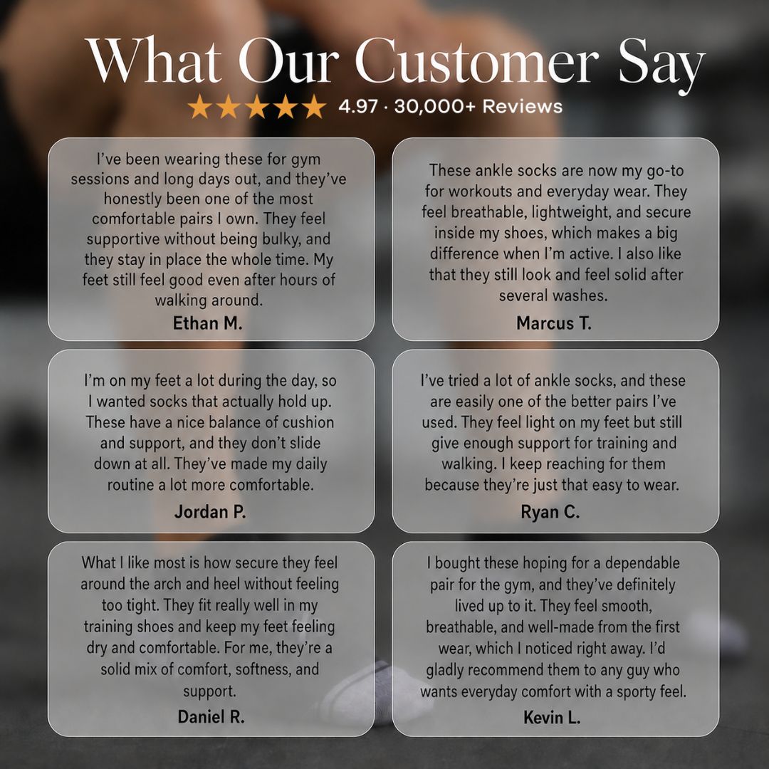 Black Power Stride Ankle Socks For Men. A promotional graphic with the headline 'What Our Customer Say' and a star rating above a grid of customer reviews. The background is a dark gray to black gradient, and the review cards are light gray rounded rectangles.