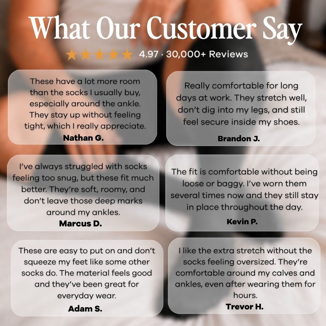Black Wide Calf Compression Socks For Men. A promotional graphic with the headline 'What Our Customer Say' and a rating line reading '4.97 · 30,000+ Reviews' over a blurred background.