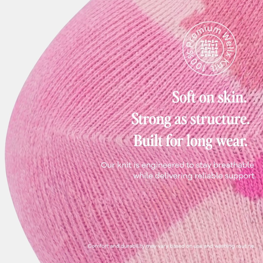 Camouflage Pink Compression Socks For Women, A close-up of pink knit yarn wound into a cone, with white promotional text and a circular 'Premium Waffle Knit 100% Wool' logo on a light gray background.