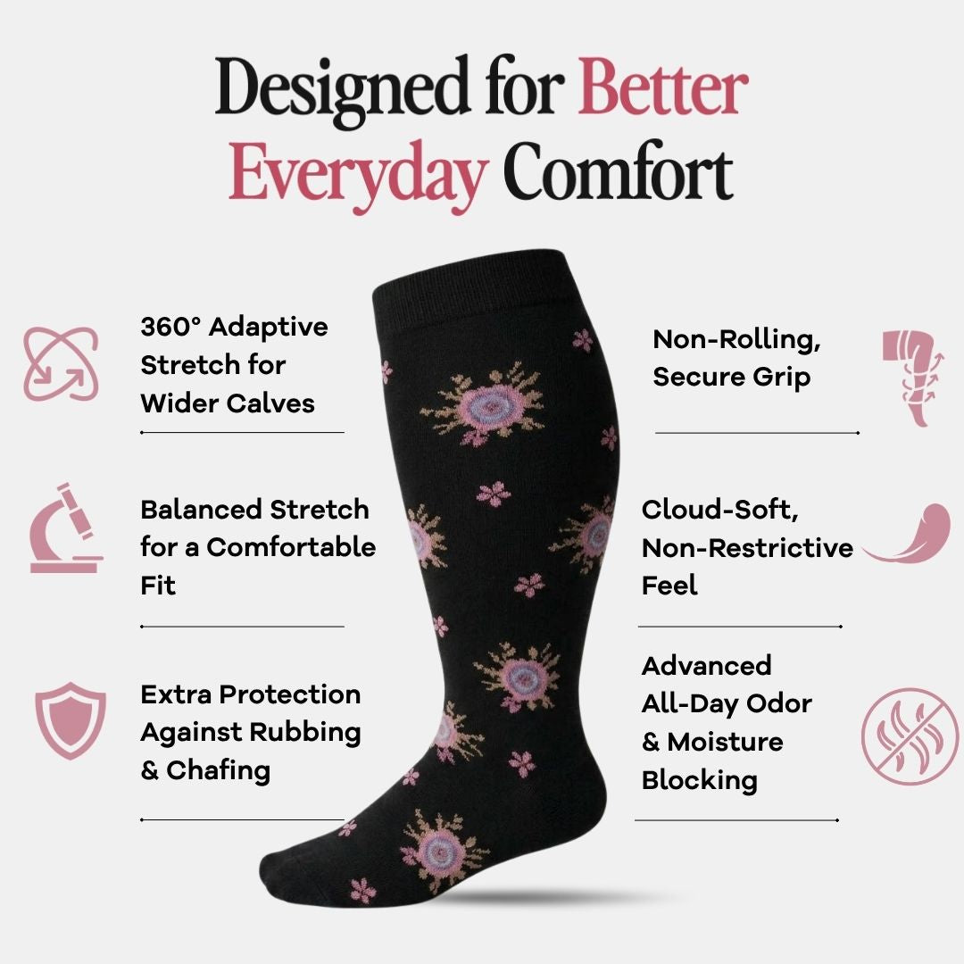 Flowers Black Wide Calf Compression Socks