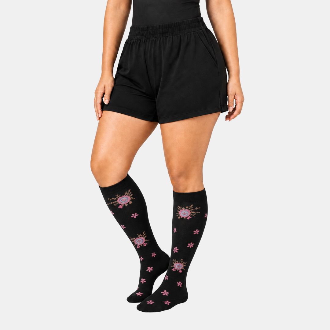 Flowers Black Wide Calf Compression Socks