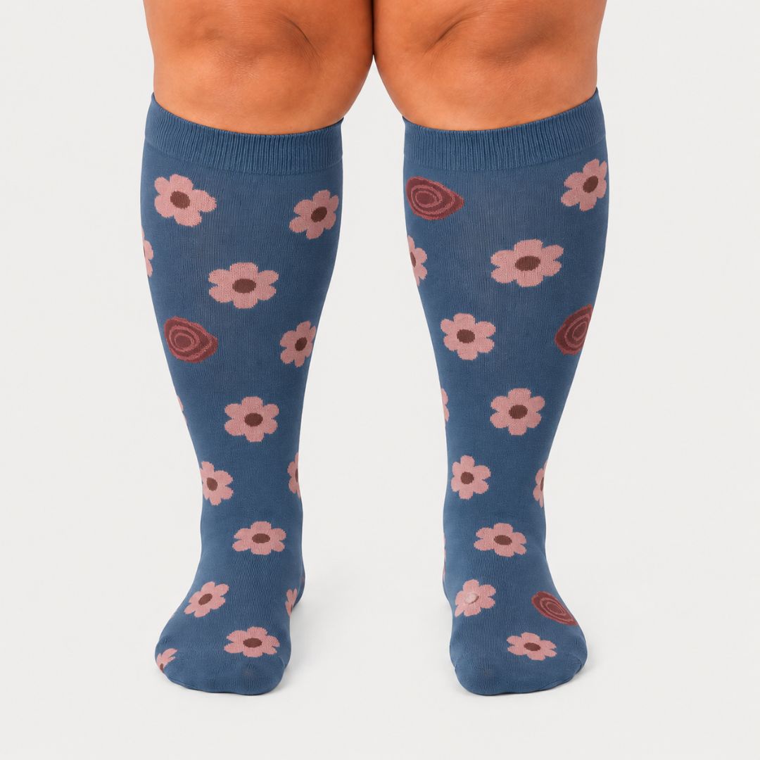 Flowers Grey Wide Calf Compression Socks