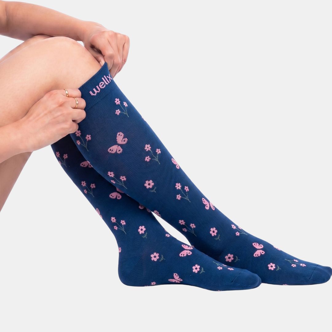 Flowers Navy Blue Compression Socks