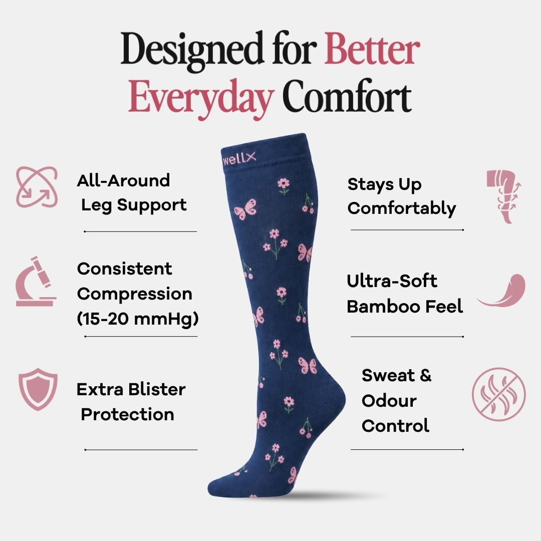 Flowers Navy Blue Compression Socks