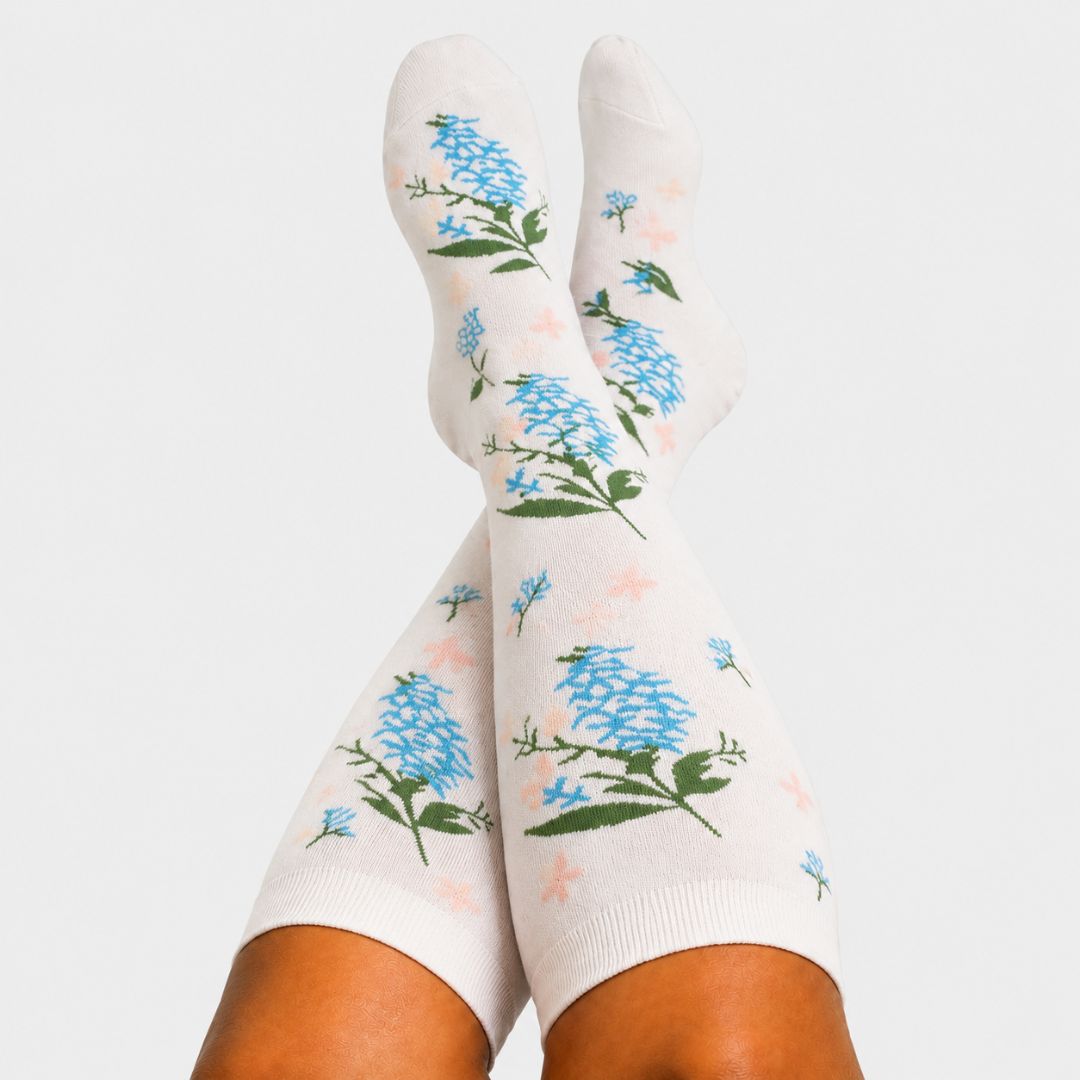 Flowers White Wide Calf Compression Socks