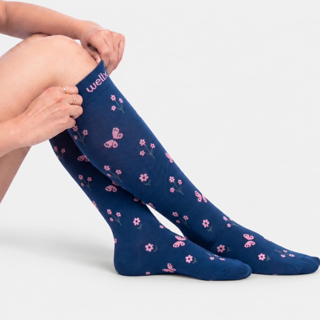 Flowers Navy Blue Compression Socks