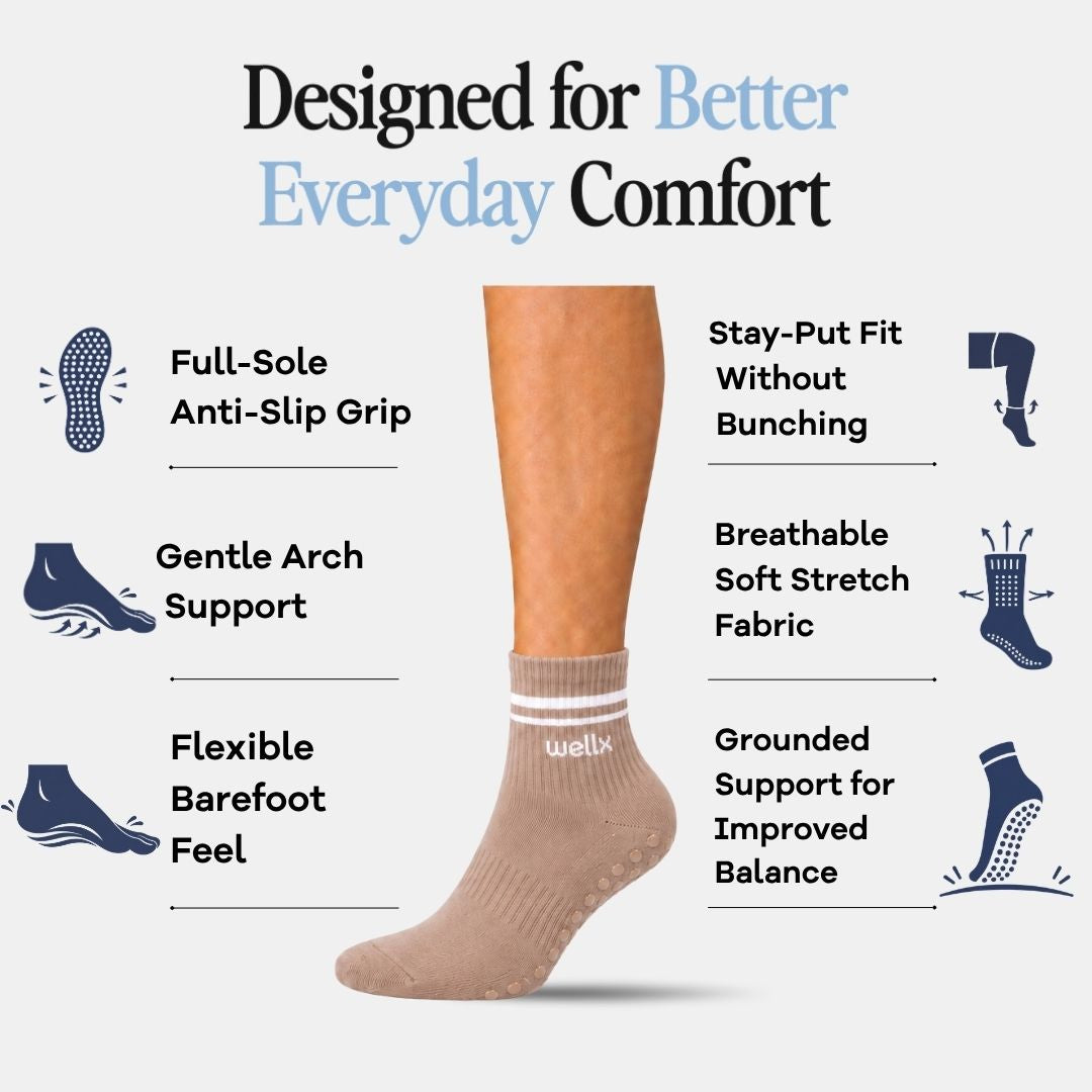 Gravel Balance Grip Socks For Men feature chart showing full-sole anti-slip grip, arch support, barefoot flexibility, and breathable stretch fabric for balance