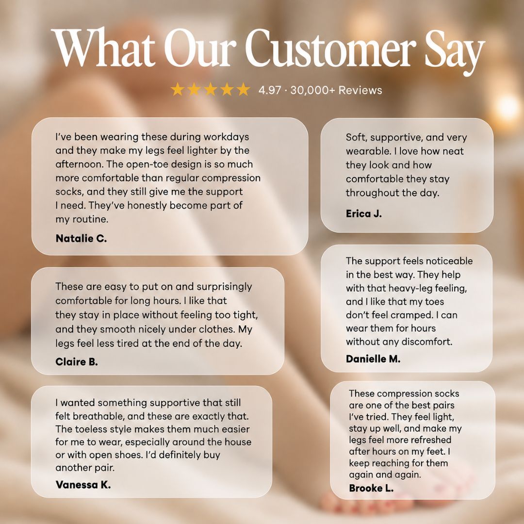 Gravel Toeless Compression Socks For women A promotional graphic with the headline 'What Our Customer Say' and a star rating at the top, followed by several rounded beige text boxes containing customer testimonials on a softly blurred warm-toned background.