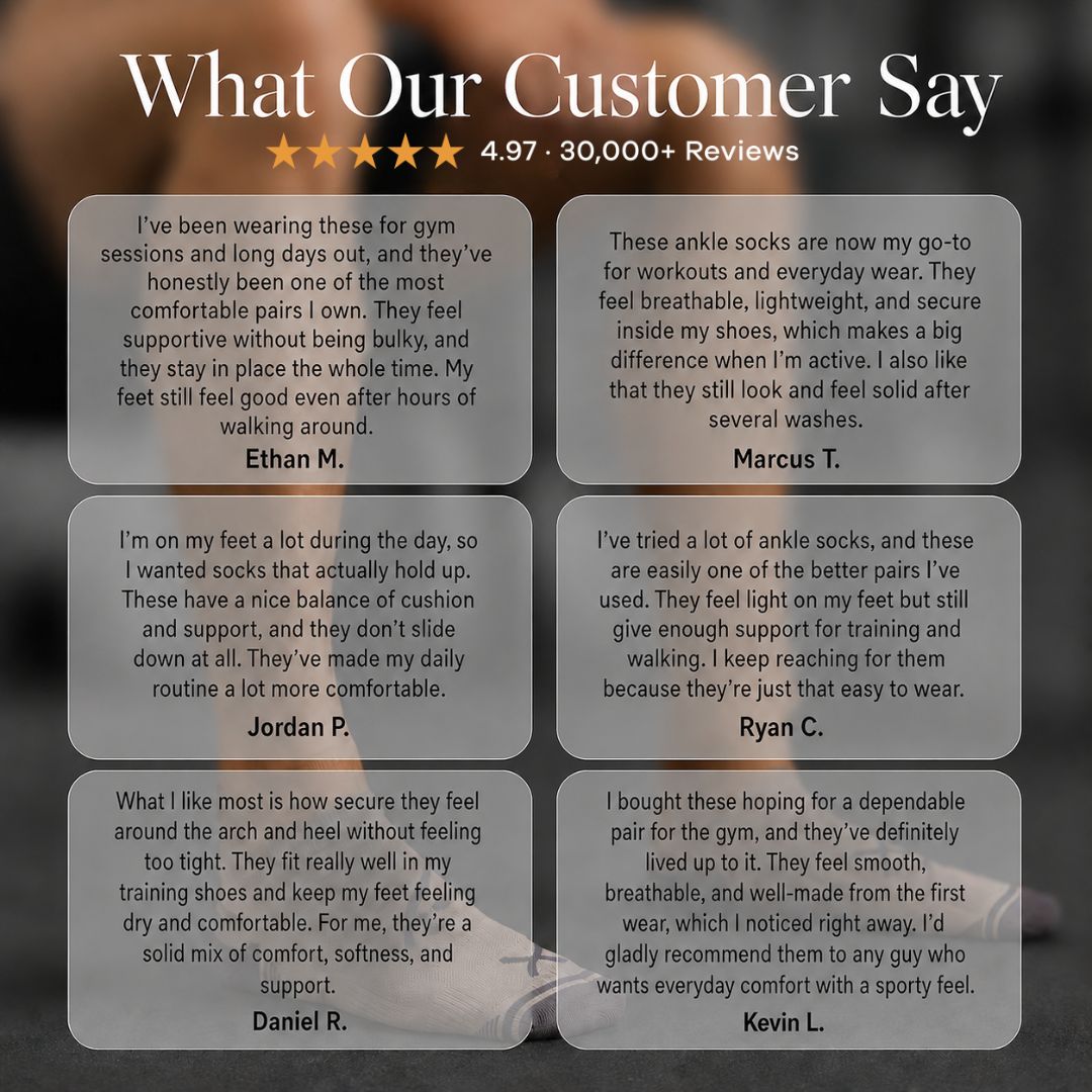 Gravel Power Stride Ankle Socks For Men. A promotional graphic with the headline 'What Our Customer Say' and a star rating above a collage of customer review cards. The background shows a softly blurred person wearing gray ankle socks, and the cards contain positive testimonials in text.