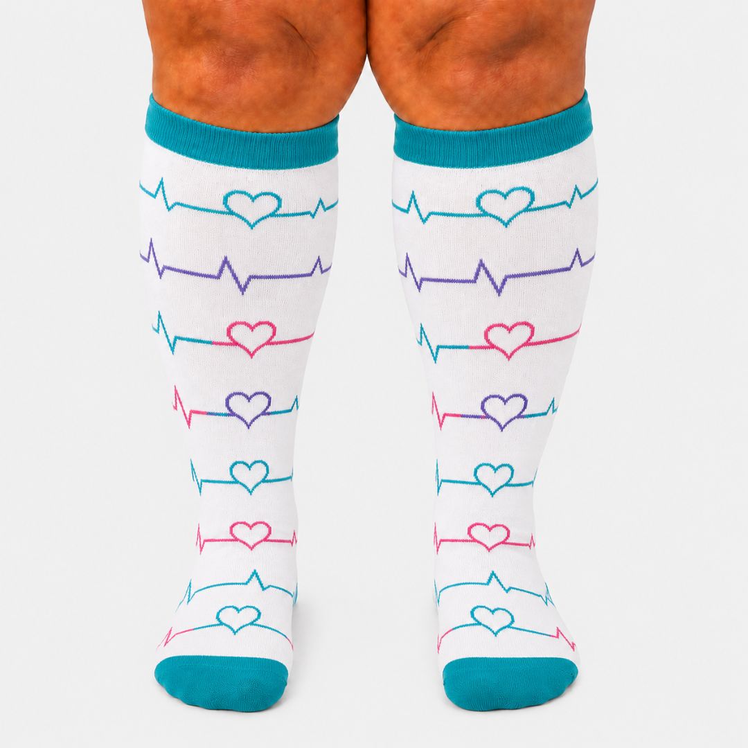Heartbeat White Wide Calf Compression Socks