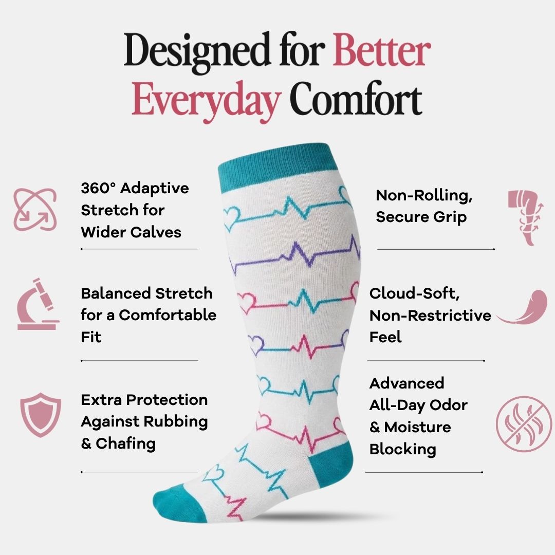 Heartbeat White Wide Calf Compression Socks