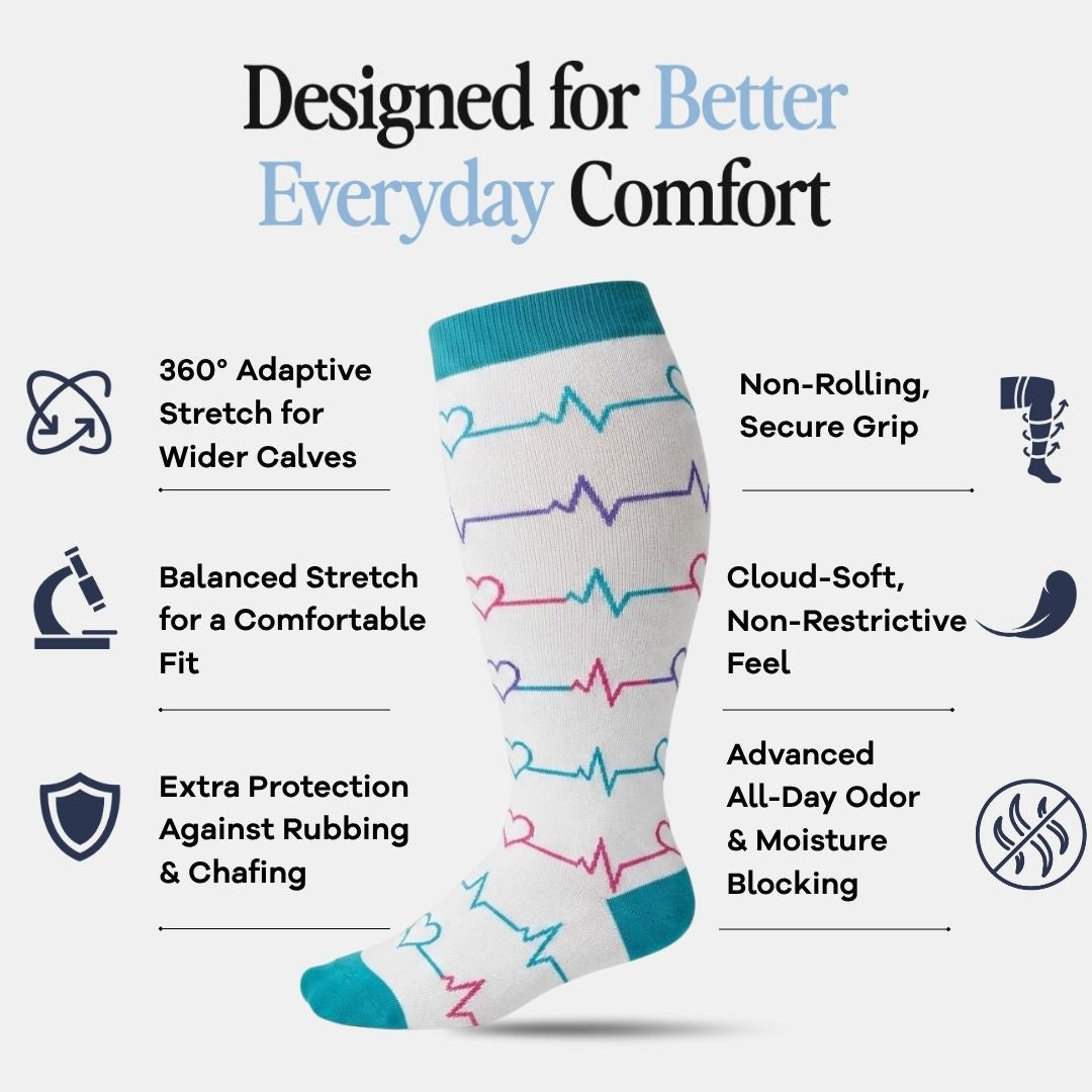 Heartbeat White Wide Calf Compression Socks Men
