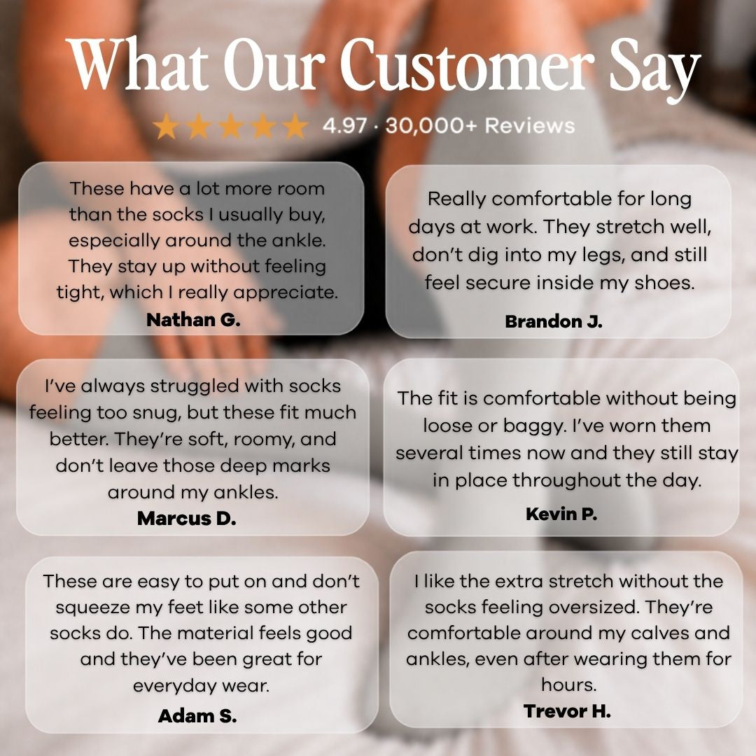 Light Grey Wide Calf Compression Socks For Men. A promotional graphic with the headline 'What Our Customer Say' and a rating line reading 4.97 - 30,000+ Reviews.