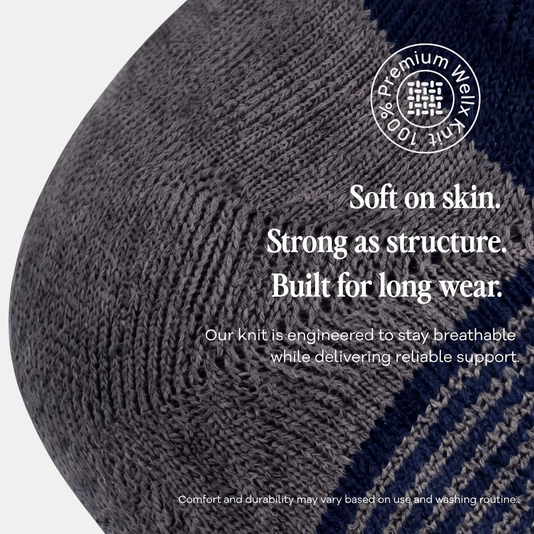 Navy Power Stride Ankle Socks Form Men, Close-up of the navy and grey knit on Navy Power Stride Ankle Socks For Men, with a 100 percent Premium Wellx Knit seal and the message that the knit is soft on skin, strong as structure, and built for long wear while staying breathable and supportive.
