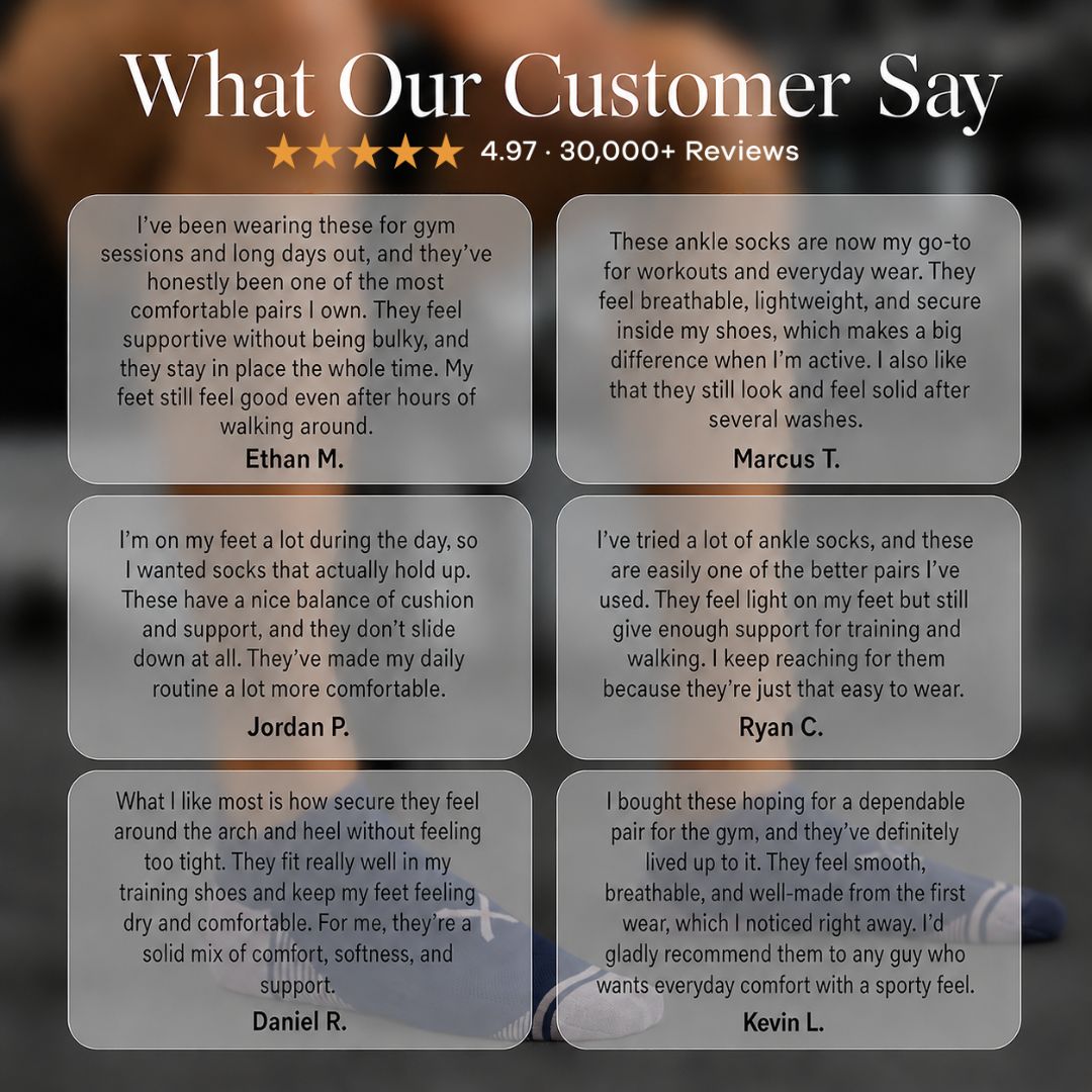 Navy Power Stride Ankle Socks Form Men. A promotional graphic with the headline 'Our Customer Say' and a star rating above a grid of customer review cards. The design shows multiple testimonial quotes from gym and fitness shoppers in a clean, digital layout.