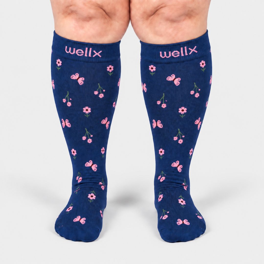 Flowers Navy Blue Wide Calf Compression Socks
