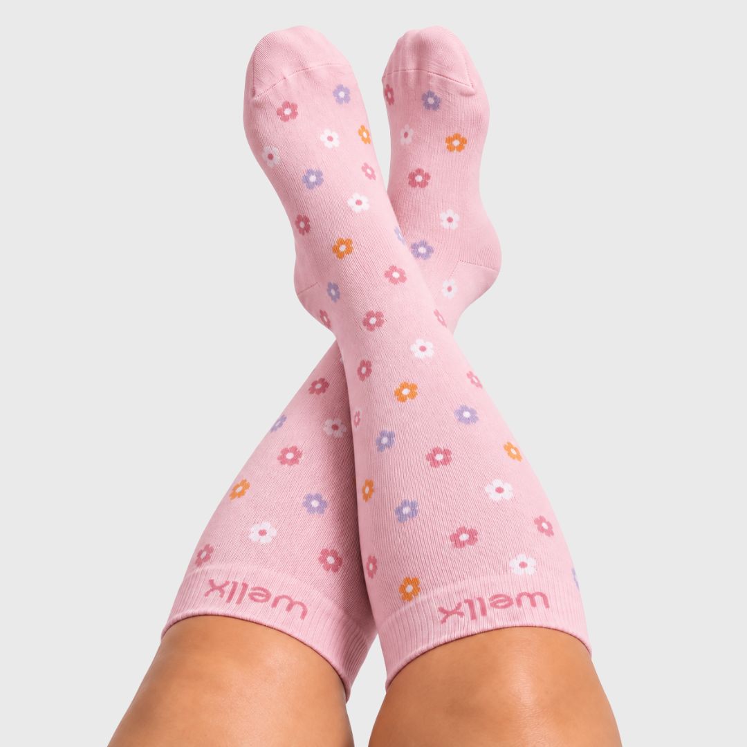 Flowers Pink Wide Calf Compression Socks