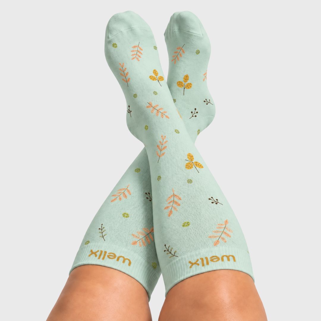 Leaves Mint Wide Calf Compression Socks
