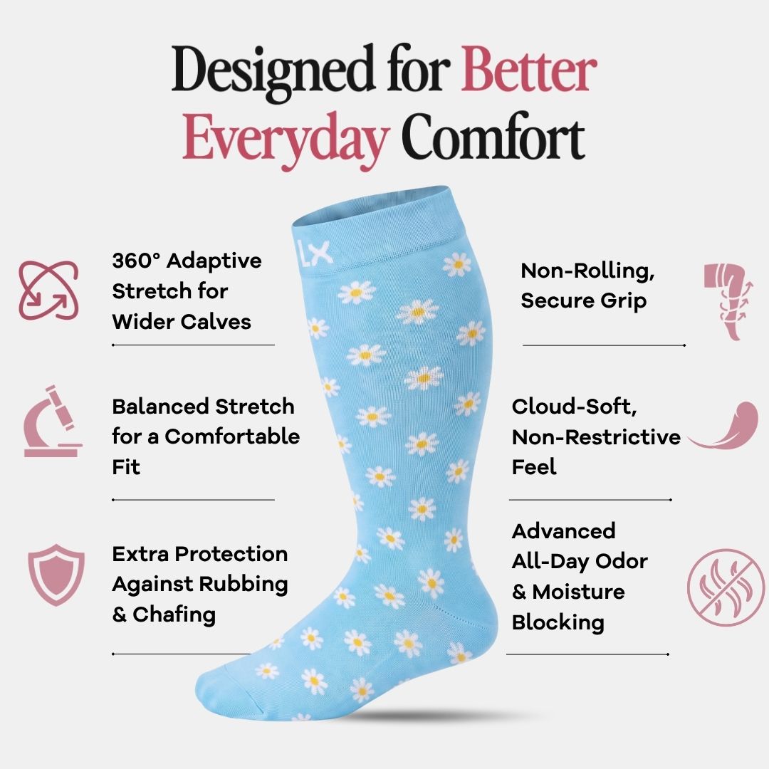 Daisy Flowers Blue Wide Calf Compression Socks