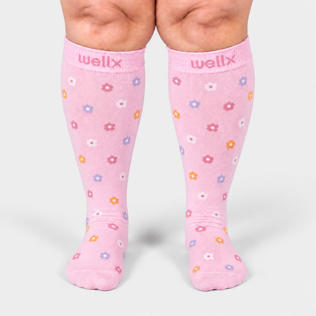 Flowers Pink Wide Calf Compression Socks