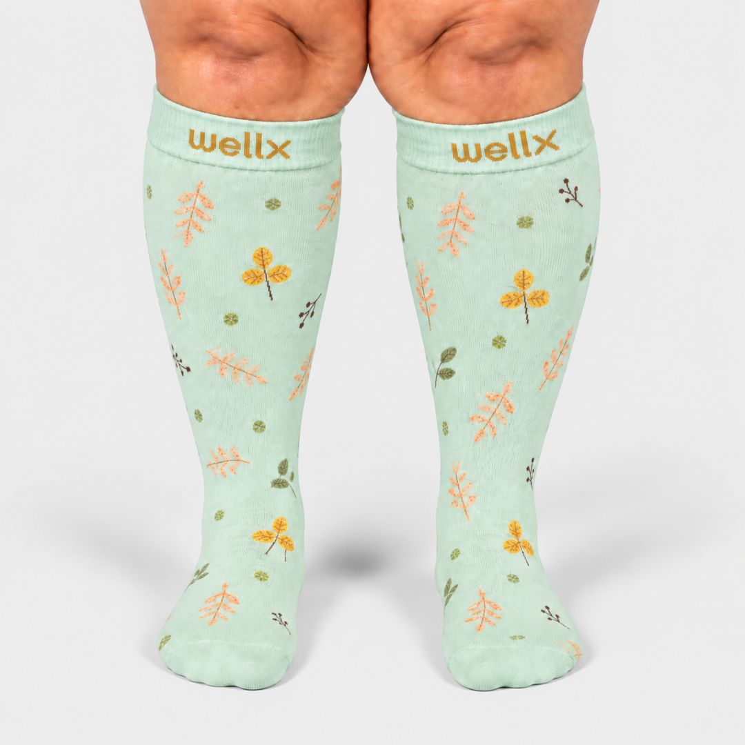 Leaves Mint Wide Calf Compression Socks