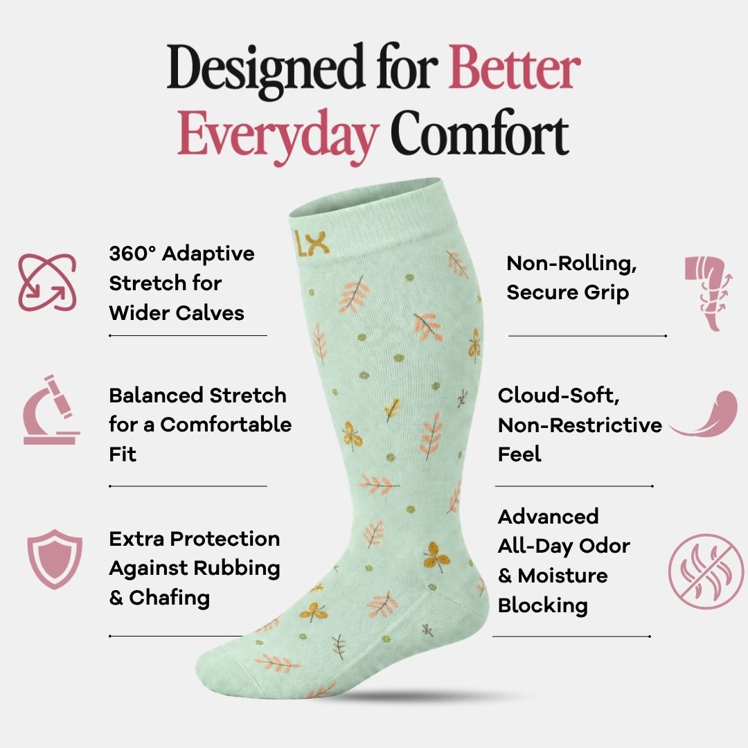 Leaves Mint Wide Calf Compression Socks