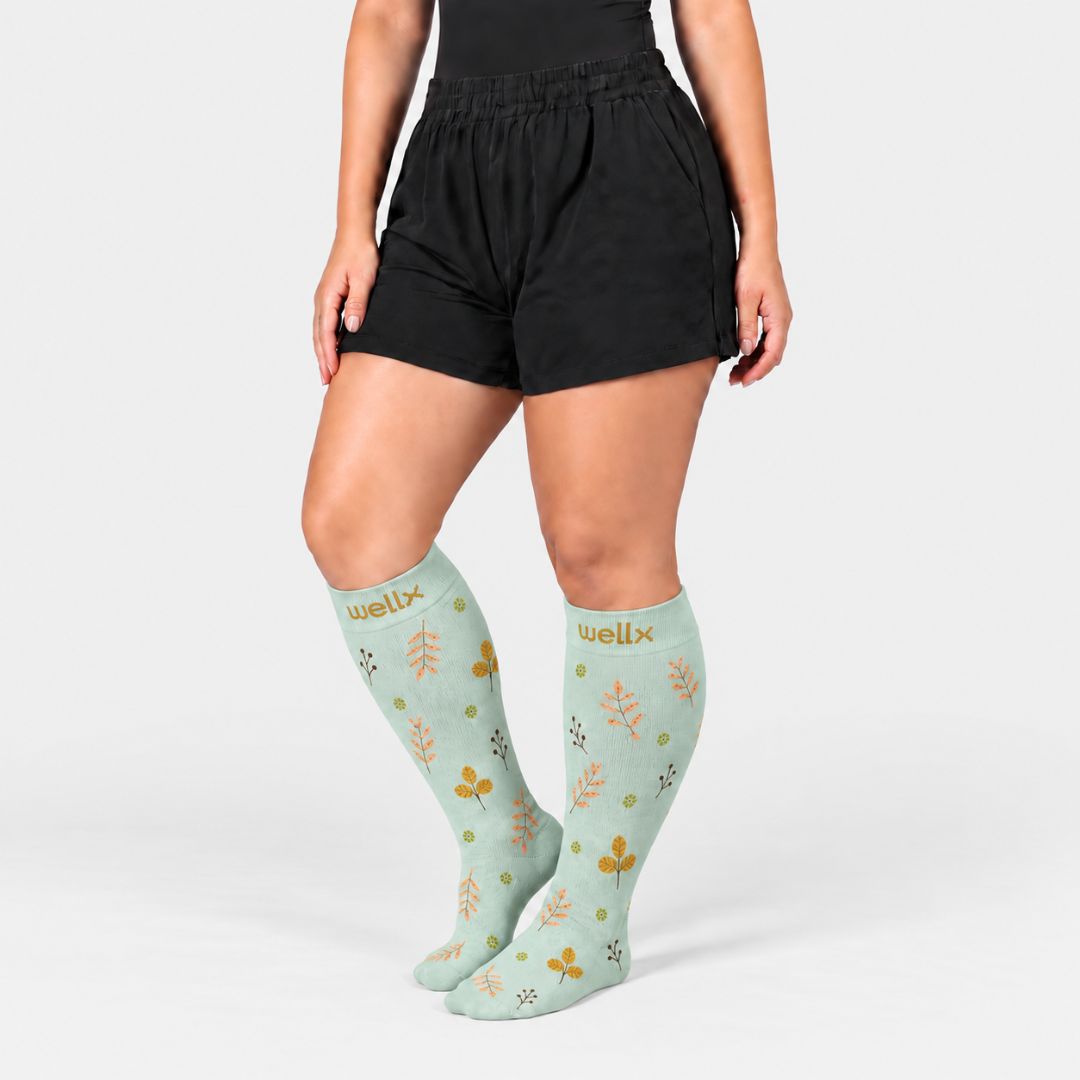 Leaves Mint Wide Calf Compression Socks