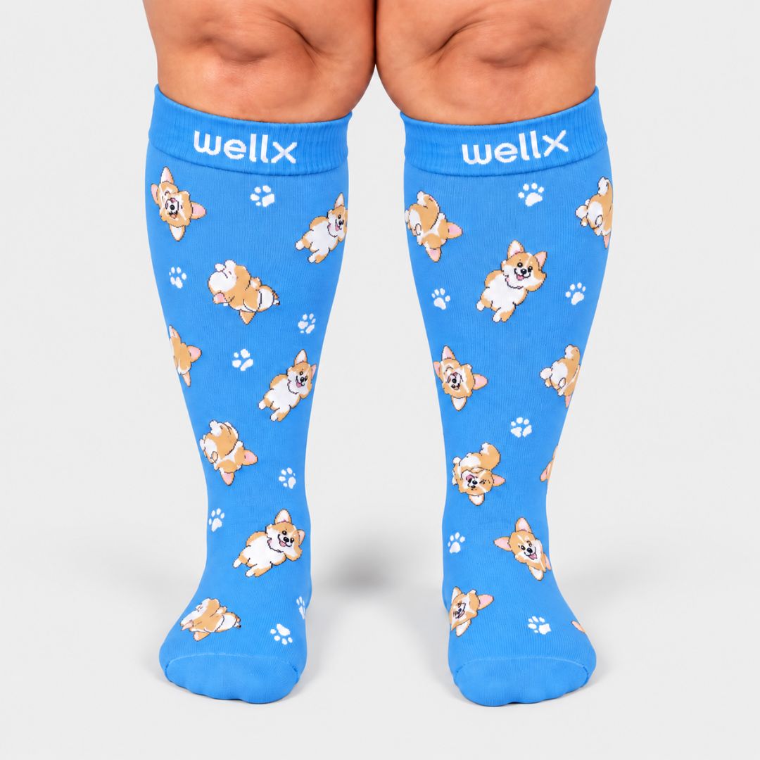 Puppies Blue Wide Calf Compression Socks Men