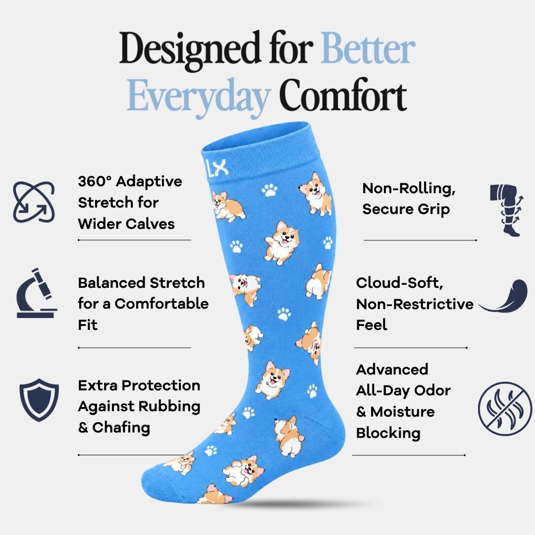 Puppies Blue Wide Calf Compression Socks Men