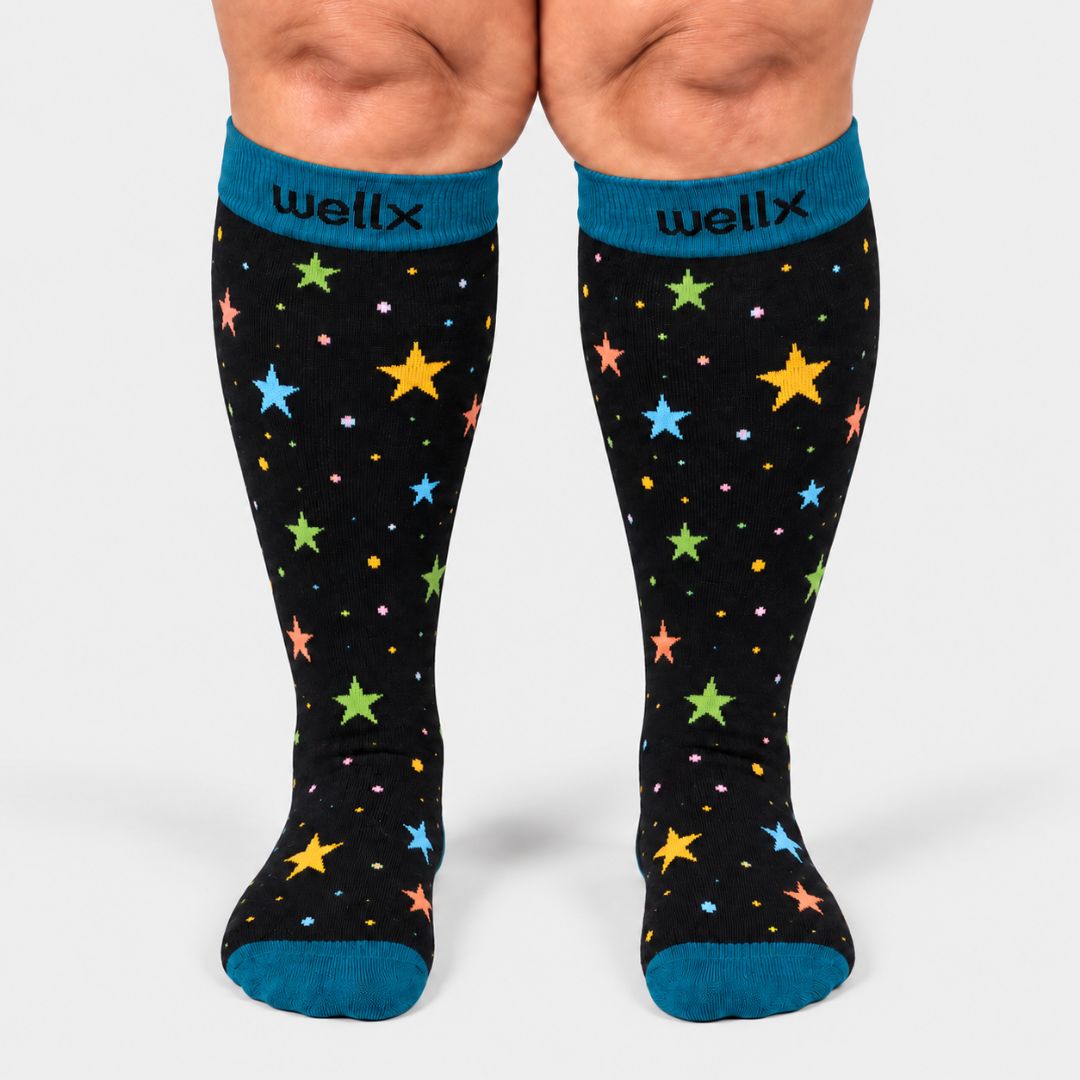 Stars Black/Green Wide Calf Compression Socks Men