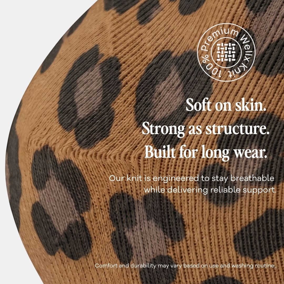 Panther Compression Socks For Women, Close-up of a leopard-print knit fabric with white promotional text and a circular '100% Premium Waffle Knit' badge on a light gray background.