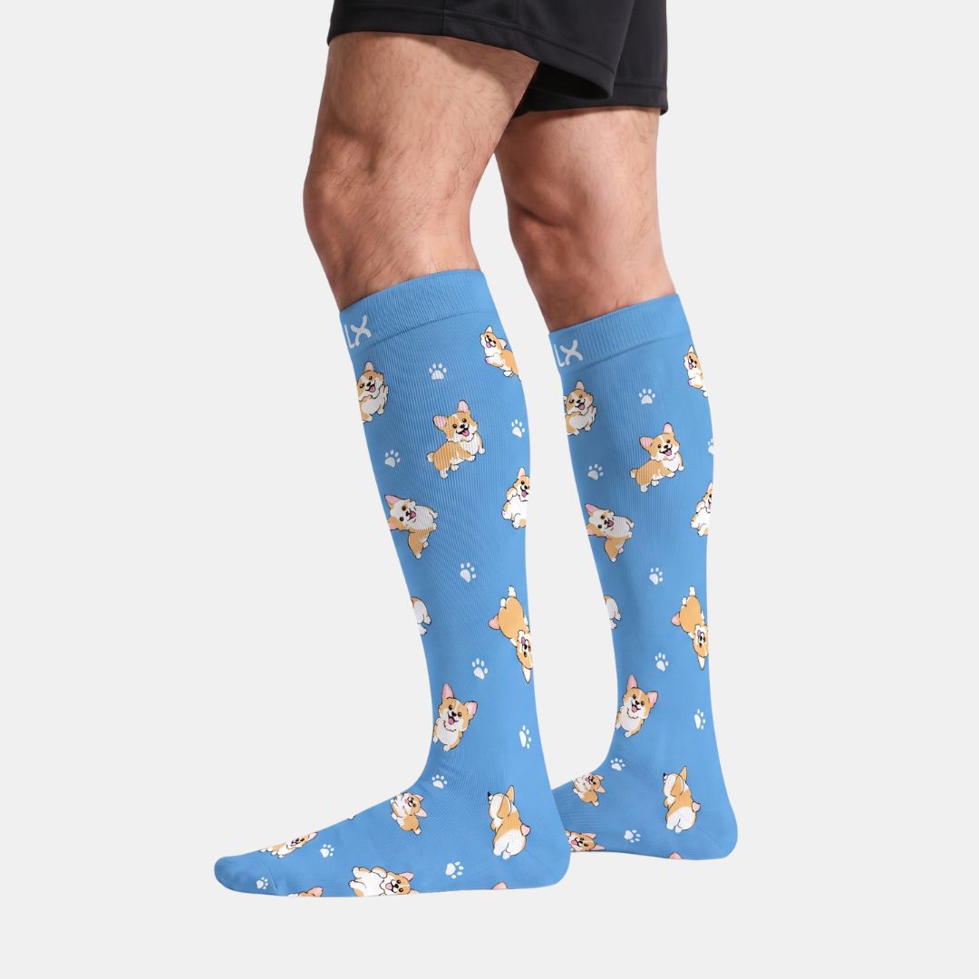 Puppies Blue Compression Socks For Men, A person's legs wearing knee-high socks with a blue background and a repeating pattern of Corgi dogs, paw prints, and bones. The person is also wearing black shorts against a light gray studio background.