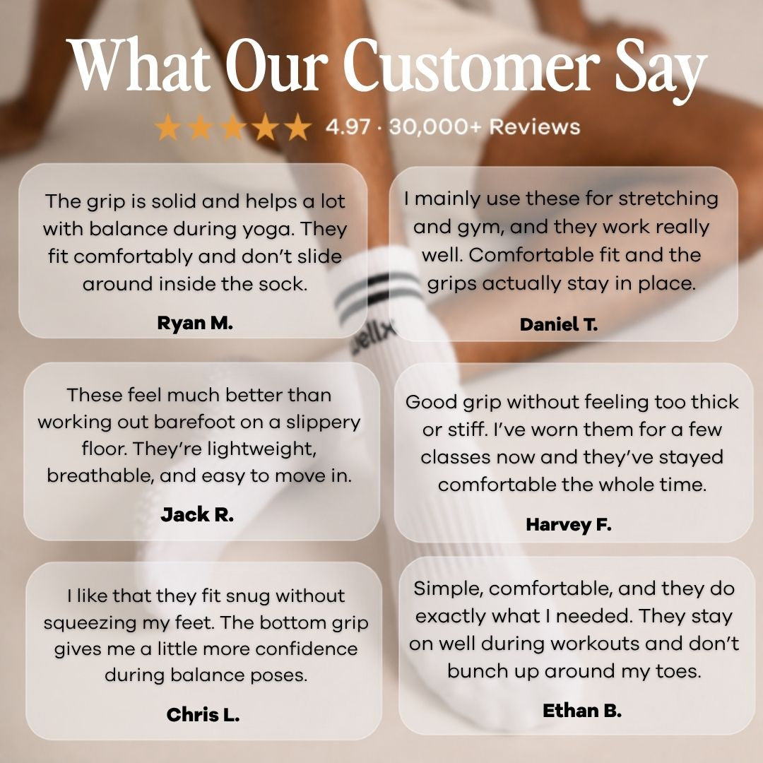 White Balance Grip Socks For Men. A promotional graphic with the headline 'What Our Customer Say' and a five-star rating above six rounded review cards showing customer testimonials for grip socks. The background shows a blurred close-up of a person's legs wearing white grip socks.