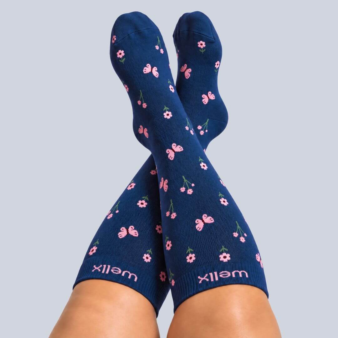 Flowers Navy Blue Wide Calf Compression Socks