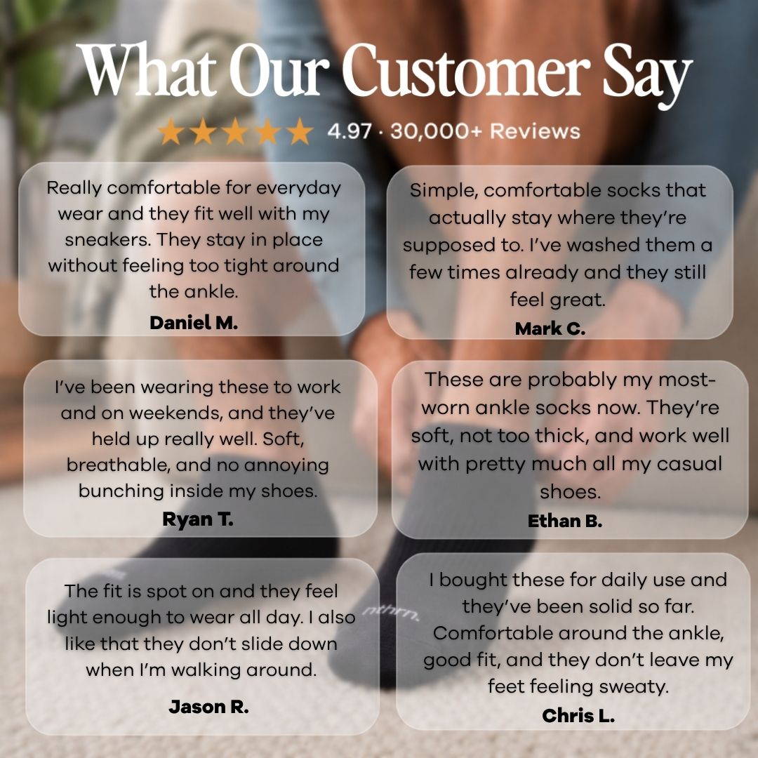 Black Street Ankle Socks For Men. A promotional graphic with the headline 'What Our Customer Say' and a star rating, showing six customer review cards over a blurred photo of a person wearing socks.