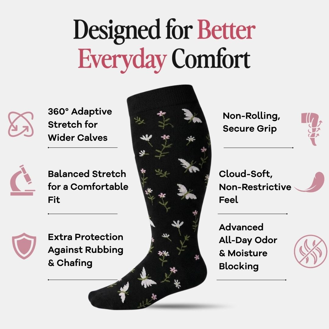 Butterfly Black Wide Calf Compression Socks