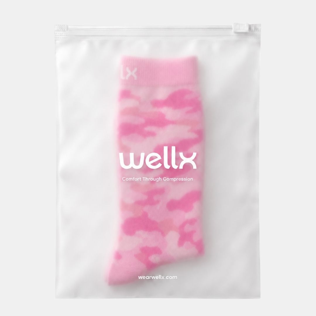 Camouflage Pink Compression Socks For Women, A pink camouflage-patterned sock inside a clear, resealable white plastic pouch with the brand name 'wellx' printed in white on the front.