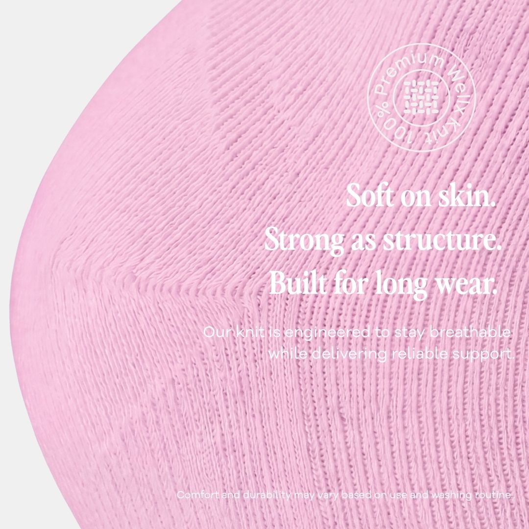 Candy Heart Pink Compression Socks For Women A close-up of a light pink ribbed knit fabric with white text overlays describing its softness, strength, and breathability. A circular logo for 'Premium Weave' is visible in the top right.