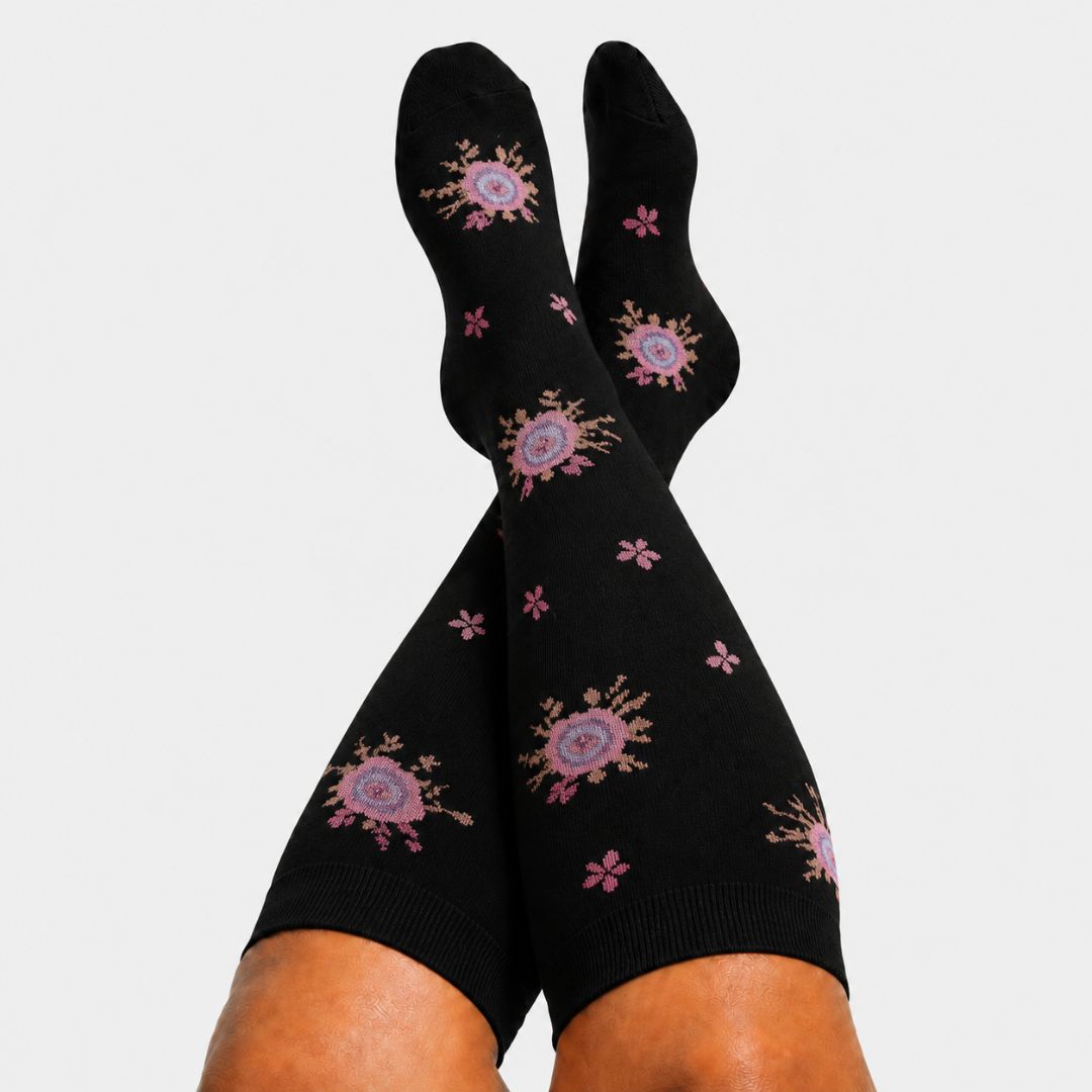 Flowers Black Wide Calf Compression Socks