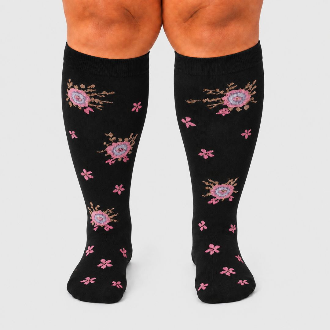 Flowers Black Wide Calf Compression Socks