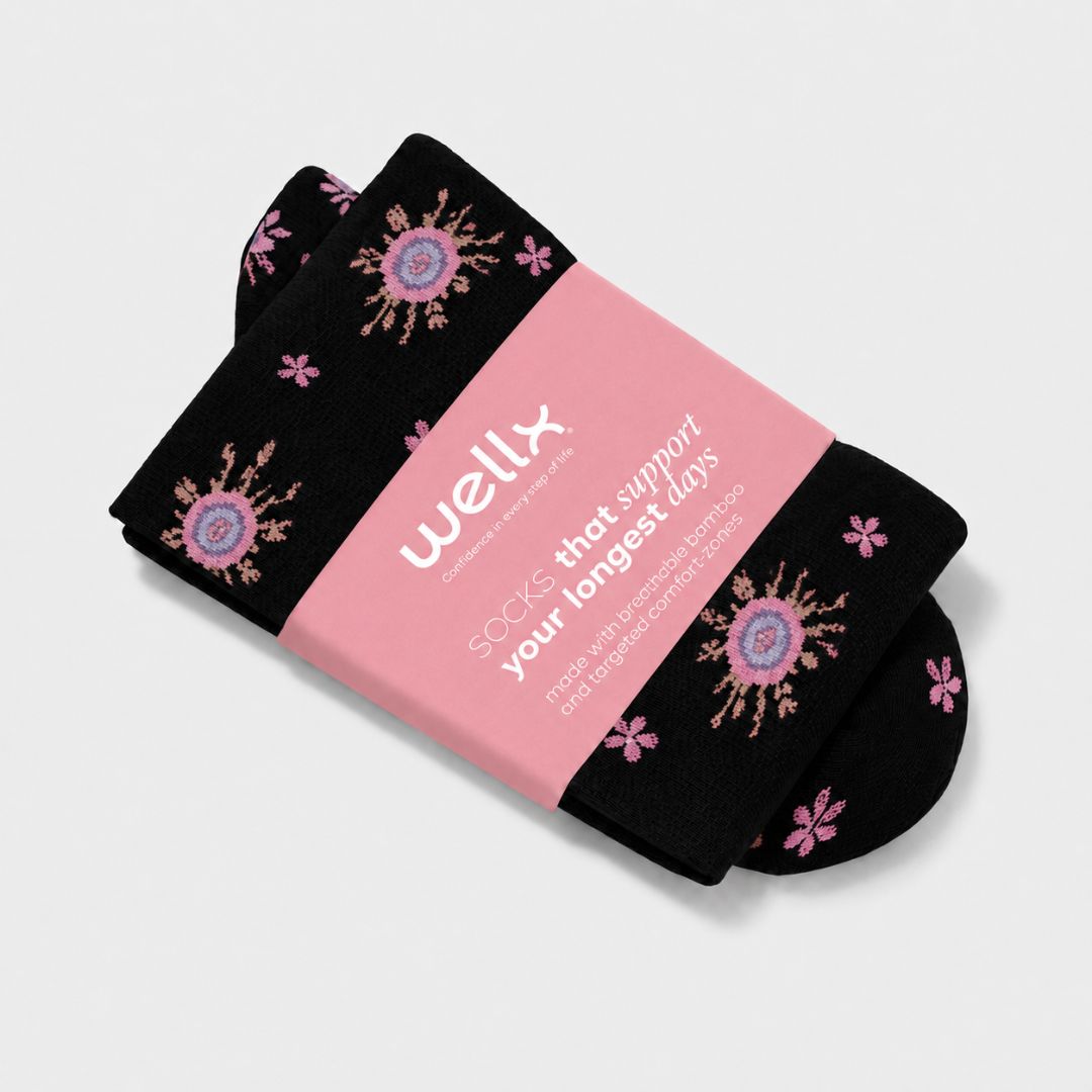 Flowers Black Wide Calf Compression Socks