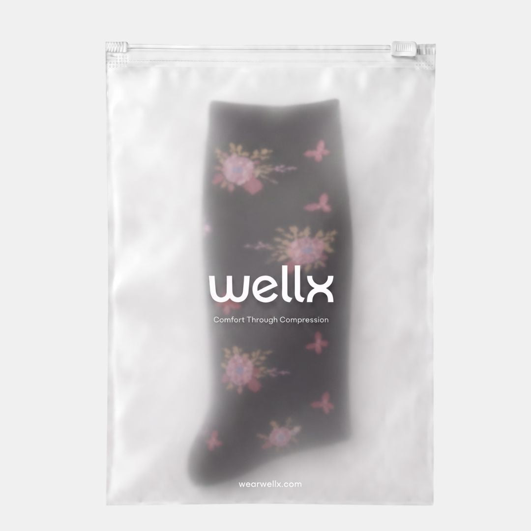 Flowers Black Wide Calf Compression Socks