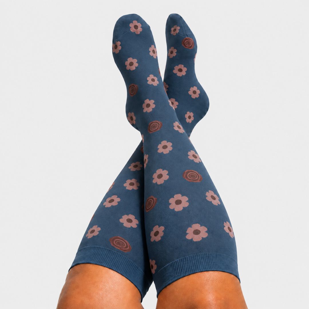 Flowers Grey Wide Calf Compression Socks