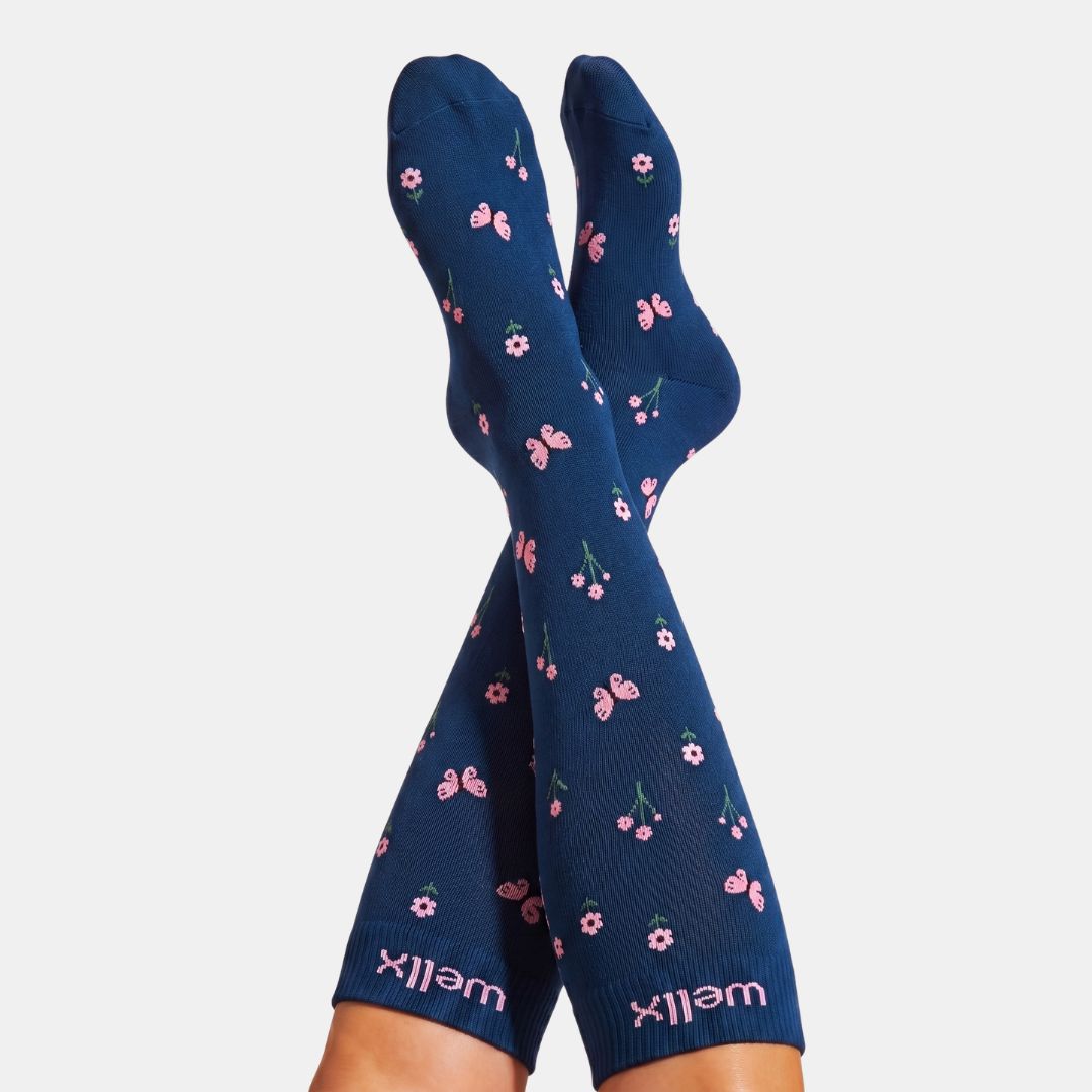 Flowers Navy Blue Compression Socks