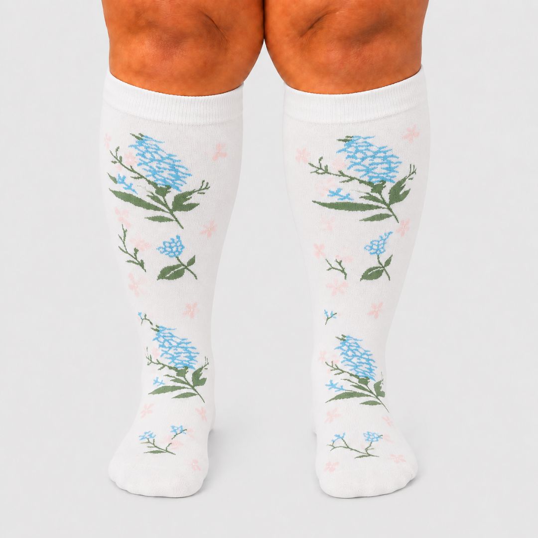 Flowers White Wide Calf Compression Socks