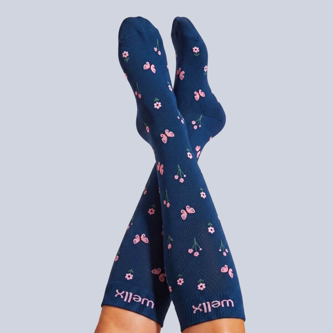 Flowers Navy Blue Compression Socks