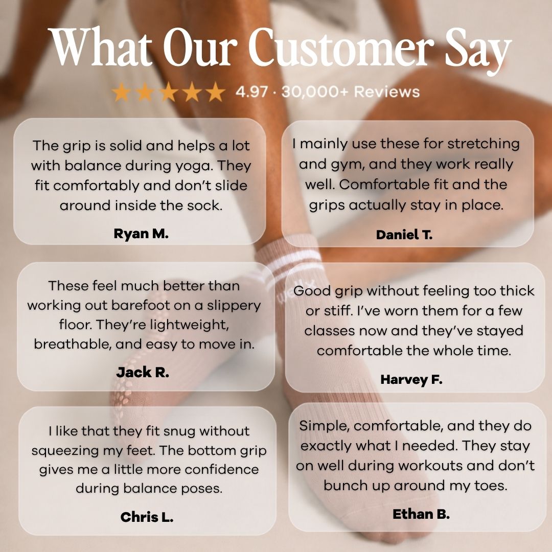 Gravel Balance Grip Socks For Men. A promotional graphic with the headline 'What Our Customer Say' and a 4.97/30,000+ reviews rating.