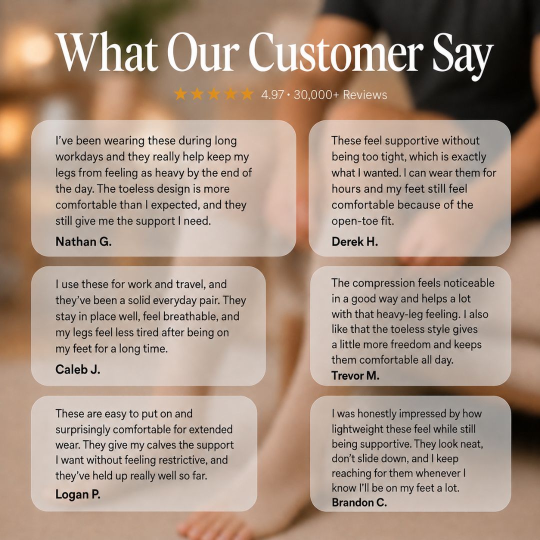 Gravel Toeless Compression Socks For Men A promotional graphic with the headline 'What Our Customer Say' over a blurred photo of a person wearing supportive shoes. Below, six rounded beige text boxes display customer reviews with star ratings at the top.